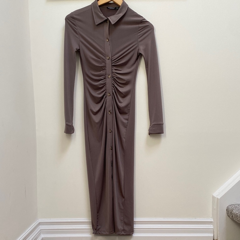 Nasty Gal Taupe Long Sleeve Button-Down Dress